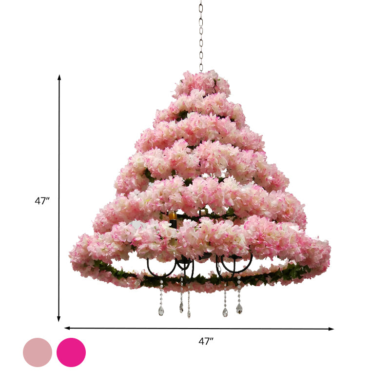 Vintage Conical Chandelier Lamp 5 Bulbs Metal Ceiling Pendant Light in Pink/Rose Red with Cherry Blossom Decor Clearhalo 'Cast Iron' 'Ceiling Lights' 'Chandeliers' 'Industrial Chandeliers' 'Industrial' 'Metal' 'Middle Century Chandeliers' 'Rustic Chandeliers' 'Tiffany' Lighting' 367683