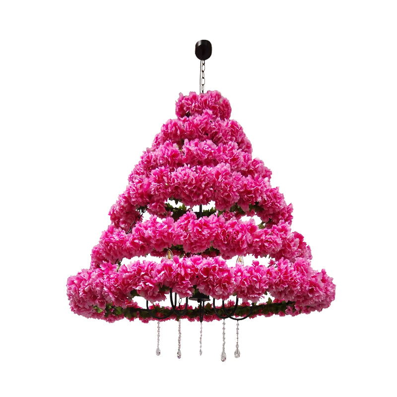 Vintage Conical Chandelier Lamp 5 Bulbs Metal Ceiling Pendant Light in Pink/Rose Red with Cherry Blossom Decor Clearhalo 'Cast Iron' 'Ceiling Lights' 'Chandeliers' 'Industrial Chandeliers' 'Industrial' 'Metal' 'Middle Century Chandeliers' 'Rustic Chandeliers' 'Tiffany' Lighting' 367686