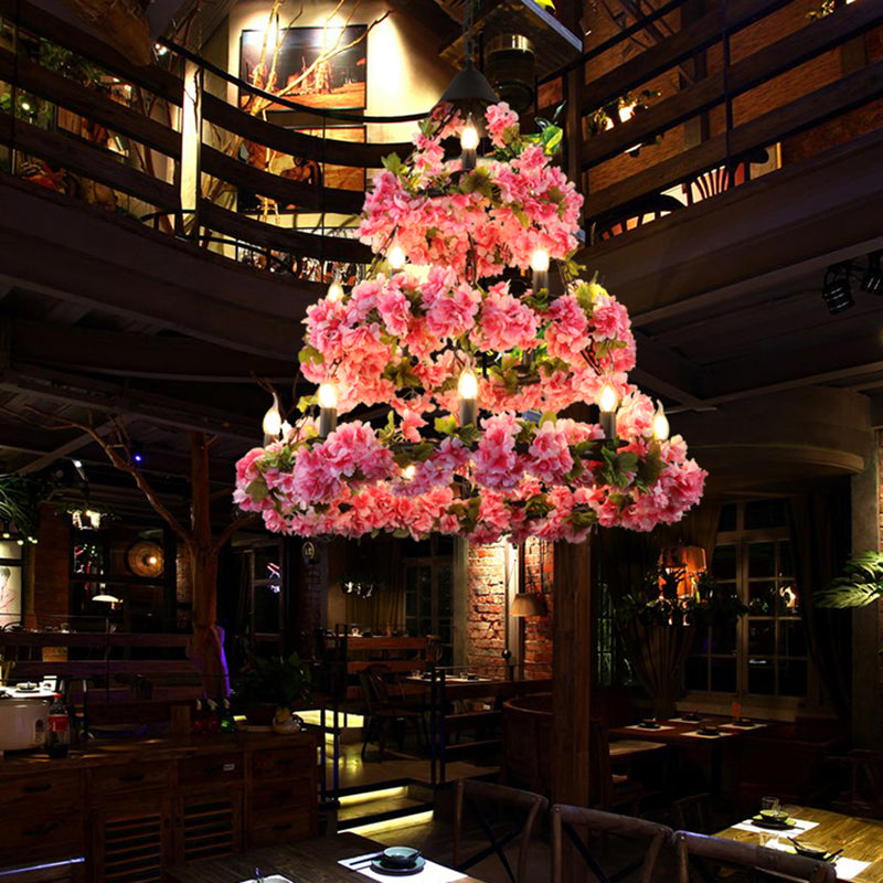 Rose Pink 18 Heads Chandelier Lighting Vintage Metal 3 Tiers LED Suspension Pendant with Flower Decor Rose Pink Clearhalo 'Cast Iron' 'Ceiling Lights' 'Chandeliers' 'Industrial Chandeliers' 'Industrial' 'Metal' 'Middle Century Chandeliers' 'Rustic Chandeliers' 'Tiffany' Lighting' 367692