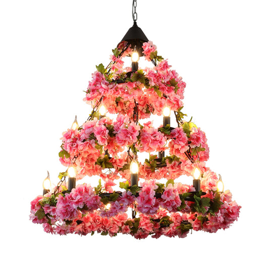 Rose Pink 18 Heads Chandelier Lighting Vintage Metal 3 Tiers LED Suspension Pendant with Flower Decor Clearhalo 'Cast Iron' 'Ceiling Lights' 'Chandeliers' 'Industrial Chandeliers' 'Industrial' 'Metal' 'Middle Century Chandeliers' 'Rustic Chandeliers' 'Tiffany' Lighting' 367695
