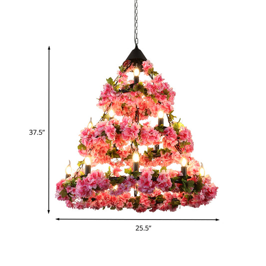 Rose Pink 18 Heads Chandelier Lighting Vintage Metal 3 Tiers LED Suspension Pendant with Flower Decor Clearhalo 'Cast Iron' 'Ceiling Lights' 'Chandeliers' 'Industrial Chandeliers' 'Industrial' 'Metal' 'Middle Century Chandeliers' 'Rustic Chandeliers' 'Tiffany' Lighting' 367696