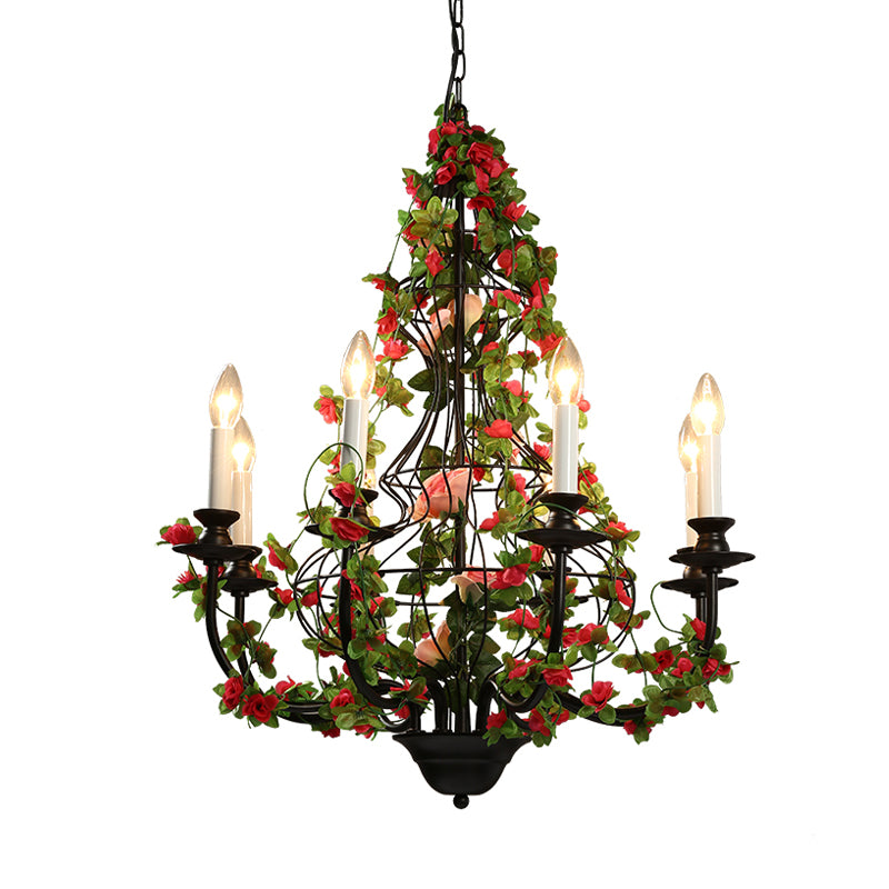 Candlestick Metal Chandelier Light Industrial 8 Heads Restaurant LED Down Lighting in Black with Flower Decor Clearhalo 'Cast Iron' 'Ceiling Lights' 'Chandeliers' 'Industrial Chandeliers' 'Industrial' 'Metal' 'Middle Century Chandeliers' 'Rustic Chandeliers' 'Tiffany' Lighting' 367700