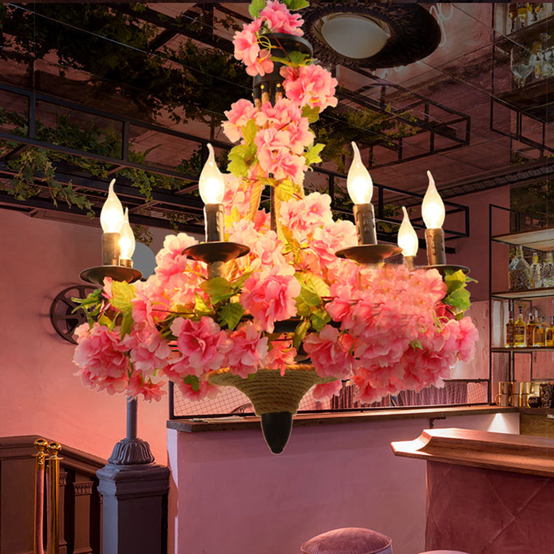 Pink Candle Pendant Chandelier Vintage Metal 6 Bulbs Restaurant LED Hanging Light with Cherry Blossom Pink Clearhalo 'Cast Iron' 'Ceiling Lights' 'Chandeliers' 'Industrial Chandeliers' 'Industrial' 'Metal' 'Middle Century Chandeliers' 'Rustic Chandeliers' 'Tiffany' Lighting' 367702
