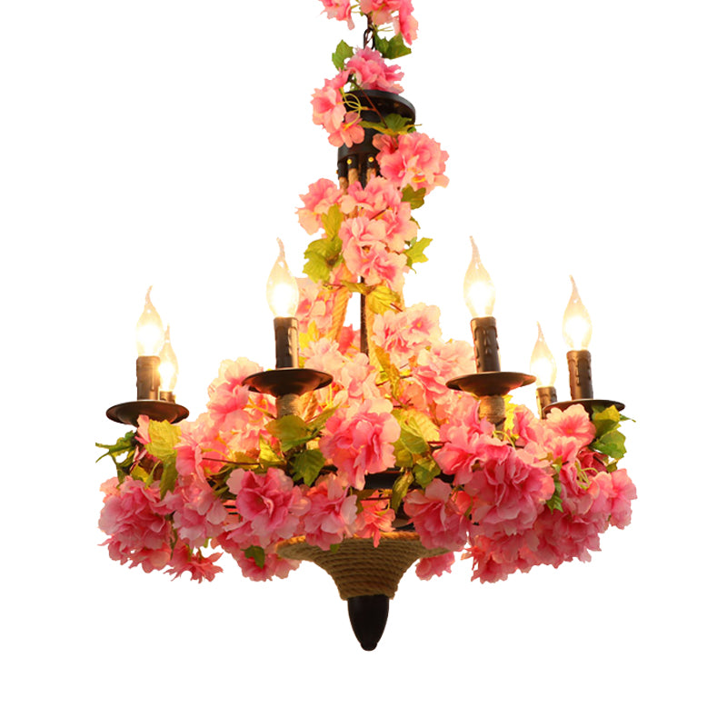 Pink Candle Pendant Chandelier Vintage Metal 6 Bulbs Restaurant LED Hanging Light with Cherry Blossom Clearhalo 'Cast Iron' 'Ceiling Lights' 'Chandeliers' 'Industrial Chandeliers' 'Industrial' 'Metal' 'Middle Century Chandeliers' 'Rustic Chandeliers' 'Tiffany' Lighting' 367704