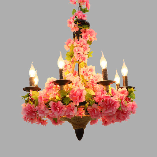 Pink Candle Pendant Chandelier Vintage Metal 6 Bulbs Restaurant LED Hanging Light with Cherry Blossom Clearhalo 'Cast Iron' 'Ceiling Lights' 'Chandeliers' 'Industrial Chandeliers' 'Industrial' 'Metal' 'Middle Century Chandeliers' 'Rustic Chandeliers' 'Tiffany' Lighting' 367705