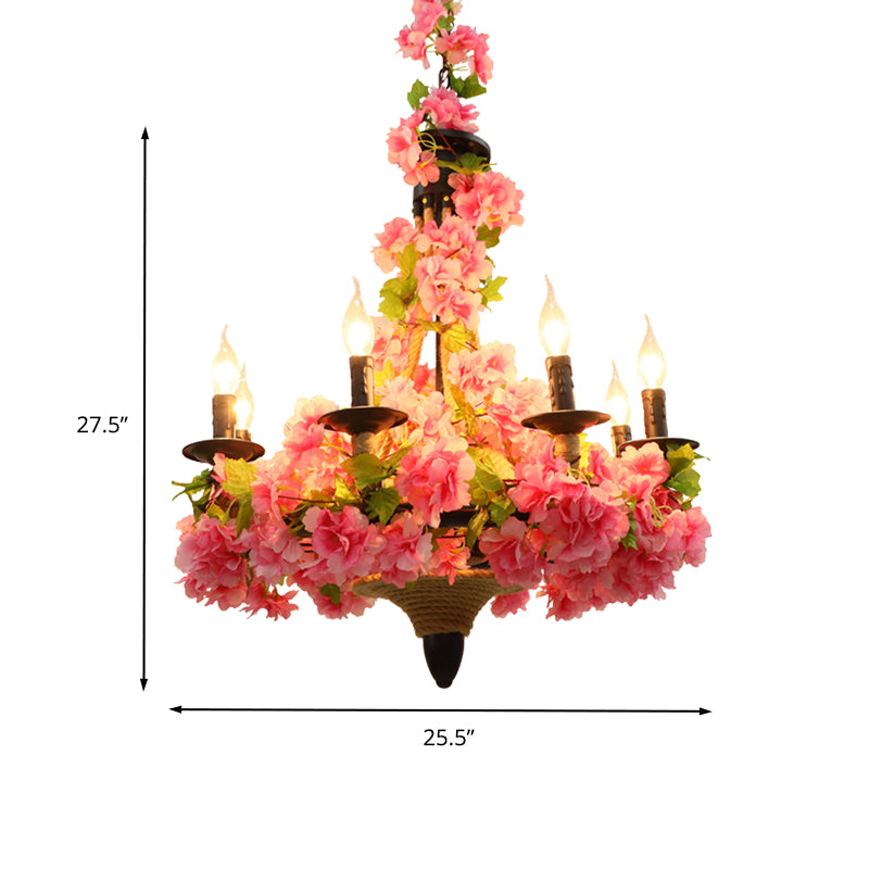 Pink Candle Pendant Chandelier Vintage Metal 6 Bulbs Restaurant LED Hanging Light with Cherry Blossom Clearhalo 'Cast Iron' 'Ceiling Lights' 'Chandeliers' 'Industrial Chandeliers' 'Industrial' 'Metal' 'Middle Century Chandeliers' 'Rustic Chandeliers' 'Tiffany' Lighting' 367706