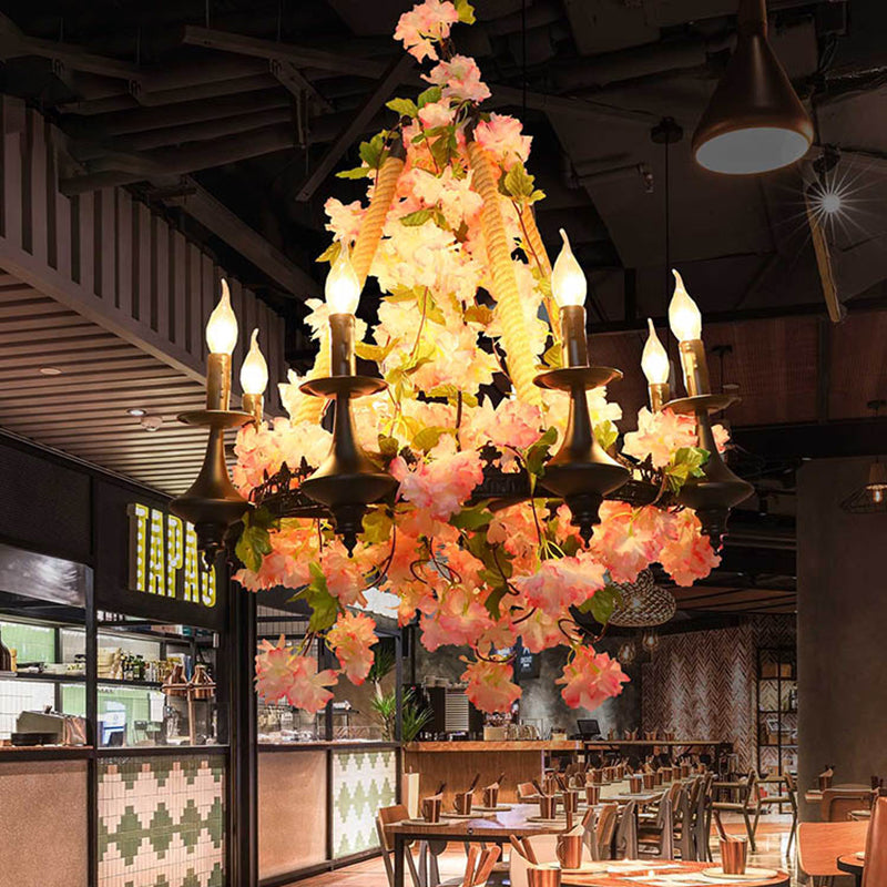 Metal Candle Chandelier Light Fixture Antique 6 Heads Restaurant LED Pendant Lamp in Pink with Cherry Blossom Clearhalo 'Cast Iron' 'Ceiling Lights' 'Chandeliers' 'Industrial Chandeliers' 'Industrial' 'Metal' 'Middle Century Chandeliers' 'Rustic Chandeliers' 'Tiffany' Lighting' 367708
