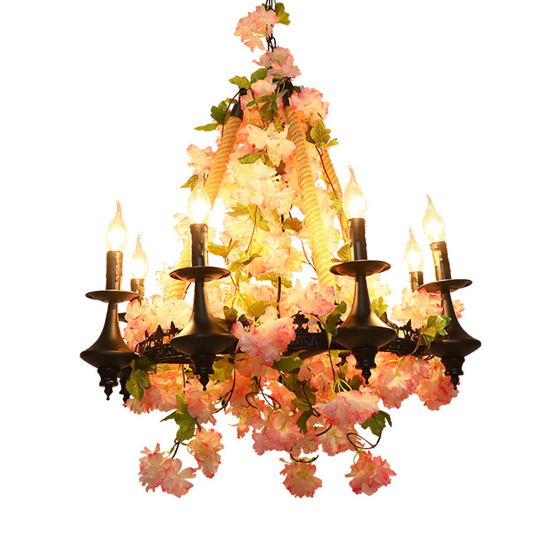 Metal Candle Chandelier Light Fixture Antique 6 Heads Restaurant LED Pendant Lamp in Pink with Cherry Blossom Clearhalo 'Cast Iron' 'Ceiling Lights' 'Chandeliers' 'Industrial Chandeliers' 'Industrial' 'Metal' 'Middle Century Chandeliers' 'Rustic Chandeliers' 'Tiffany' Lighting' 367709