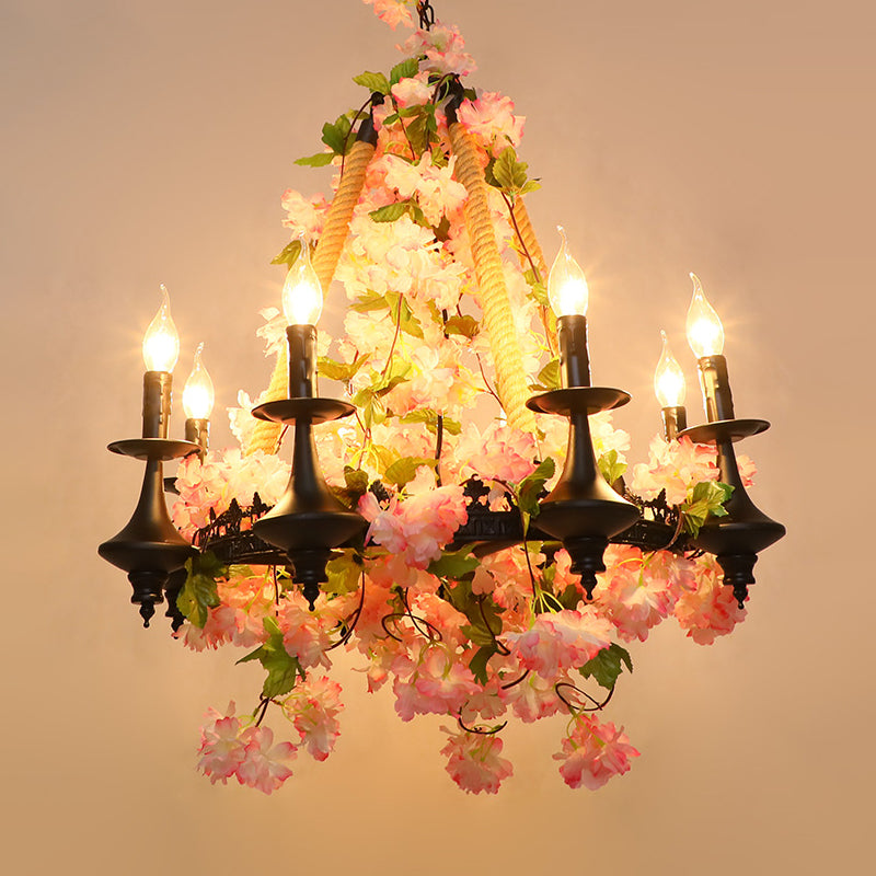 Metal Candle Chandelier Light Fixture Antique 6 Heads Restaurant LED Pendant Lamp in Pink with Cherry Blossom Clearhalo 'Cast Iron' 'Ceiling Lights' 'Chandeliers' 'Industrial Chandeliers' 'Industrial' 'Metal' 'Middle Century Chandeliers' 'Rustic Chandeliers' 'Tiffany' Lighting' 367710
