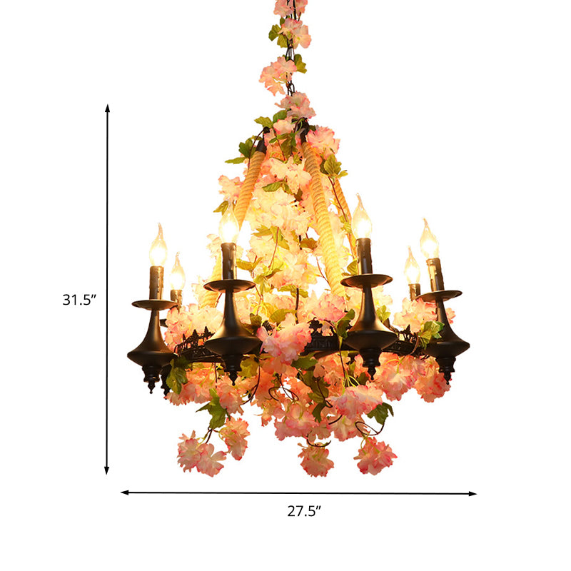 Metal Candle Chandelier Light Fixture Antique 6 Heads Restaurant LED Pendant Lamp in Pink with Cherry Blossom Clearhalo 'Cast Iron' 'Ceiling Lights' 'Chandeliers' 'Industrial Chandeliers' 'Industrial' 'Metal' 'Middle Century Chandeliers' 'Rustic Chandeliers' 'Tiffany' Lighting' 367711