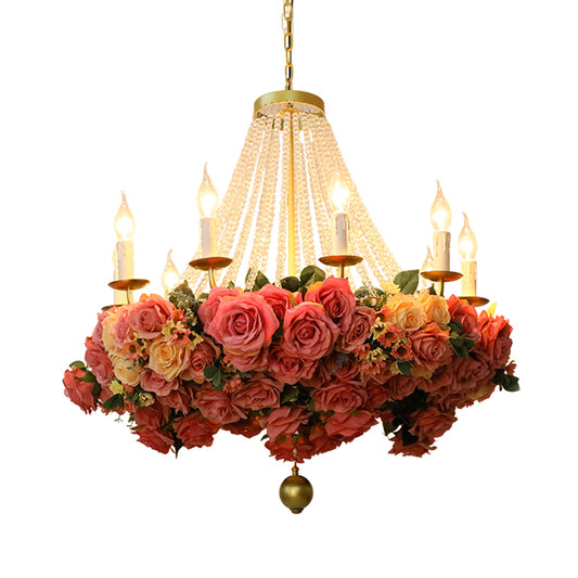 Antique Candle Hanging Chandelier 10 Bulbs Metal Rose Pendant Light Fixture in Pink for Restaurant Clearhalo 'Cast Iron' 'Ceiling Lights' 'Chandeliers' 'Industrial Chandeliers' 'Industrial' 'Metal' 'Middle Century Chandeliers' 'Rustic Chandeliers' 'Tiffany' Lighting' 367715
