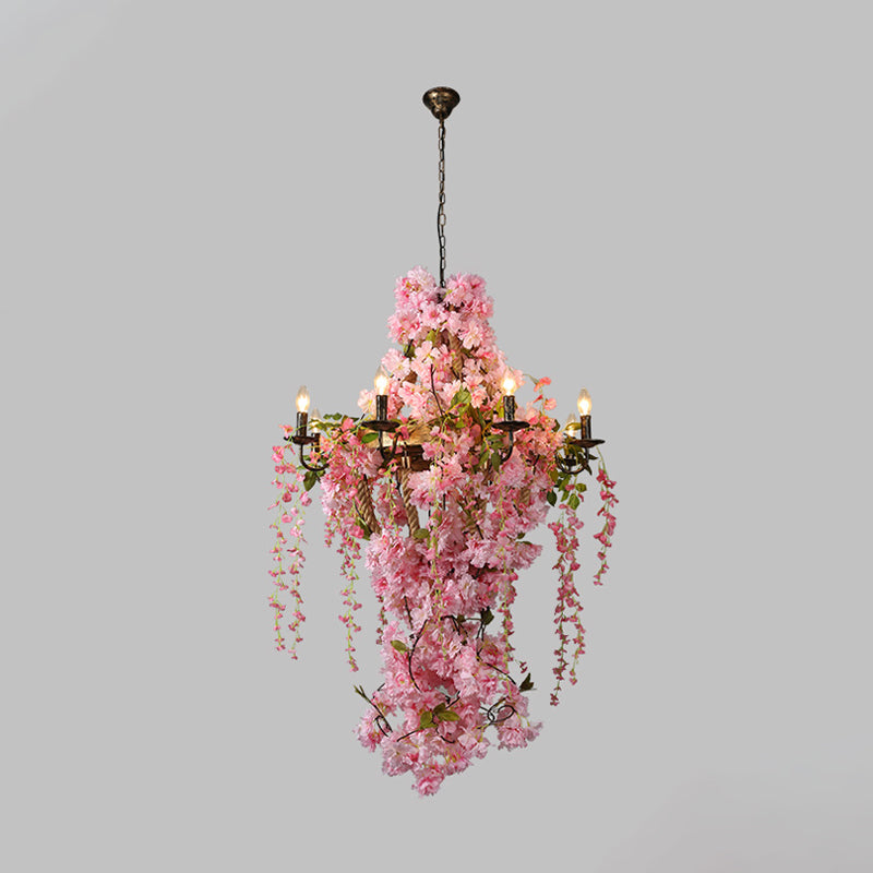 Candlestick Restaurant Chandelier Light Industrial Metal 6/8 Bulbs Pink LED Flower Hanging Lamp Clearhalo 'Cast Iron' 'Ceiling Lights' 'Chandeliers' 'Industrial Chandeliers' 'Industrial' 'Metal' 'Middle Century Chandeliers' 'Rustic Chandeliers' 'Tiffany' Lighting' 367720