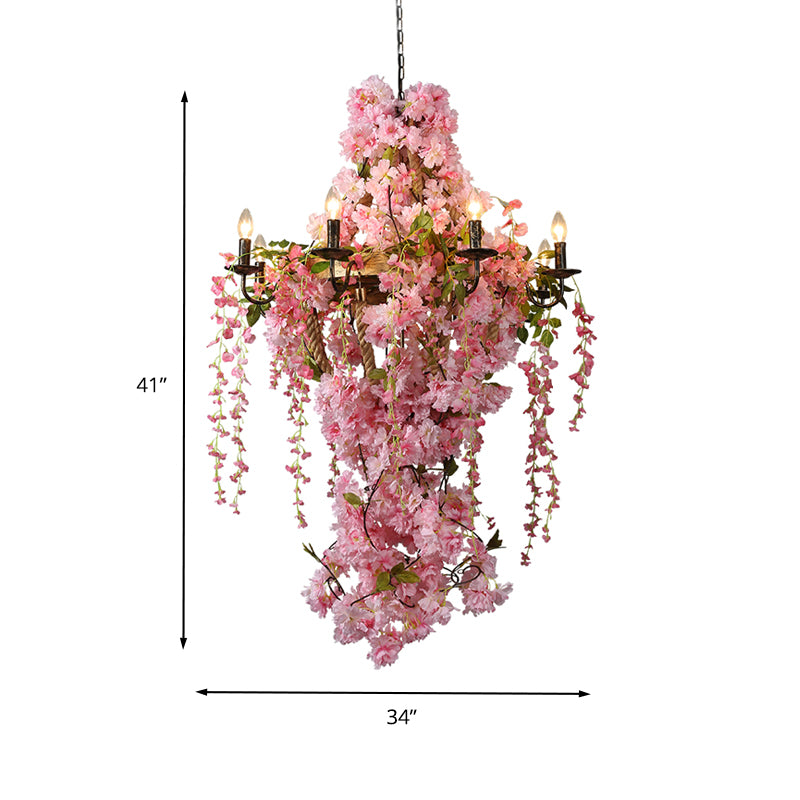 Candlestick Restaurant Chandelier Light Industrial Metal 6/8 Bulbs Pink LED Flower Hanging Lamp Clearhalo 'Cast Iron' 'Ceiling Lights' 'Chandeliers' 'Industrial Chandeliers' 'Industrial' 'Metal' 'Middle Century Chandeliers' 'Rustic Chandeliers' 'Tiffany' Lighting' 367721