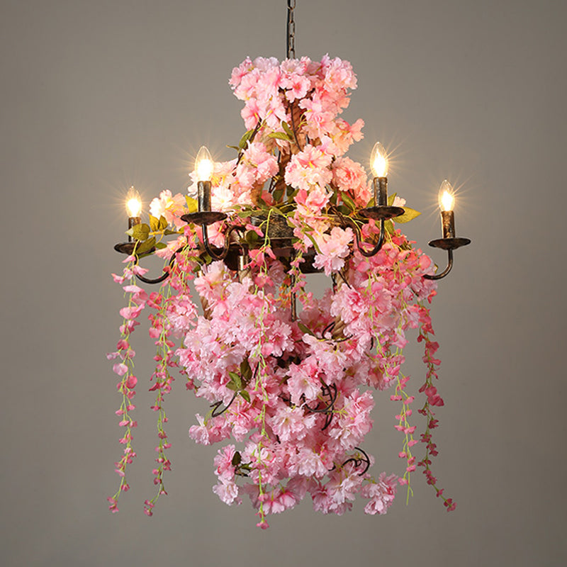 Candlestick Restaurant Chandelier Light Industrial Metal 6/8 Bulbs Pink LED Flower Hanging Lamp 8 Pink Clearhalo 'Cast Iron' 'Ceiling Lights' 'Chandeliers' 'Industrial Chandeliers' 'Industrial' 'Metal' 'Middle Century Chandeliers' 'Rustic Chandeliers' 'Tiffany' Lighting' 367722