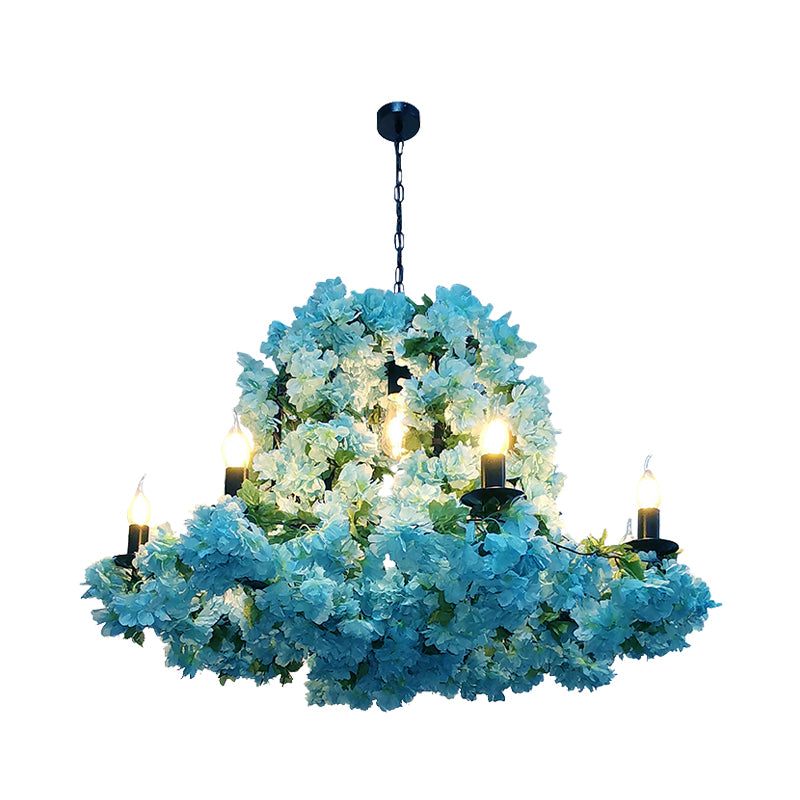 Industrial Candle Chandelier Light Fixture 6/8 Bulbs Metal LED Suspension Lighting in Blue with Cherry Blossom Clearhalo 'Cast Iron' 'Ceiling Lights' 'Chandeliers' 'Industrial Chandeliers' 'Industrial' 'Metal' 'Middle Century Chandeliers' 'Rustic Chandeliers' 'Tiffany' Lighting' 367730