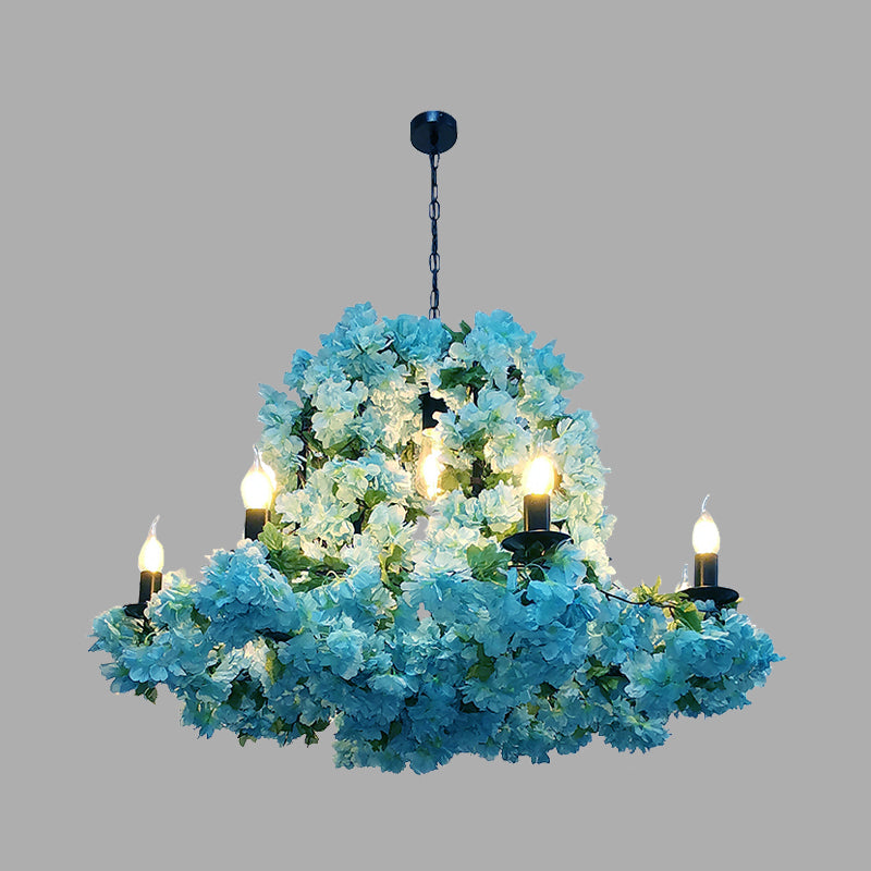 Industrial Candle Chandelier Light Fixture 6/8 Bulbs Metal LED Suspension Lighting in Blue with Cherry Blossom Clearhalo 'Cast Iron' 'Ceiling Lights' 'Chandeliers' 'Industrial Chandeliers' 'Industrial' 'Metal' 'Middle Century Chandeliers' 'Rustic Chandeliers' 'Tiffany' Lighting' 367731