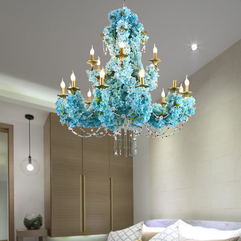 Blue Candelabra LED Chandelier Light Vintage Metal 12 Lights Restaurant Flower Drop Lamp with Crystal Accent Blue Clearhalo 'Cast Iron' 'Ceiling Lights' 'Chandeliers' 'Industrial Chandeliers' 'Industrial' 'Metal' 'Middle Century Chandeliers' 'Rustic Chandeliers' 'Tiffany' Lighting' 367747