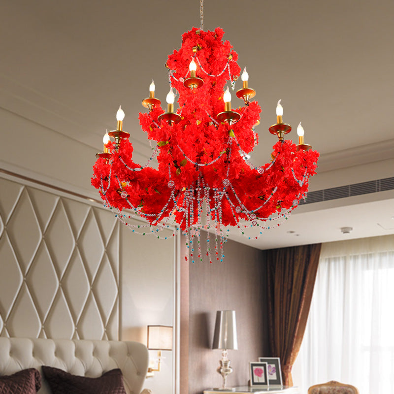 Metal Candle Pendant Chandelier Antique 12 Bulbs Restaurant LED Rose Ceiling Lamp in Red with Crystal Accent Red Clearhalo 'Cast Iron' 'Ceiling Lights' 'Chandeliers' 'Industrial Chandeliers' 'Industrial' 'Metal' 'Middle Century Chandeliers' 'Rustic Chandeliers' 'Tiffany' Lighting' 367752