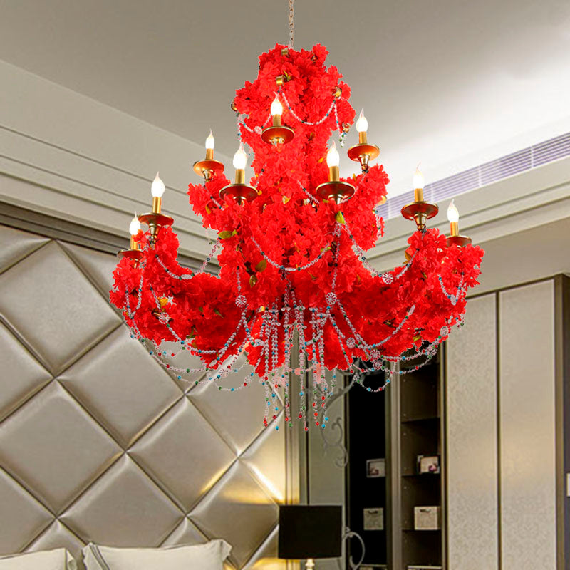 Metal Candle Pendant Chandelier Antique 12 Bulbs Restaurant LED Rose Ceiling Lamp in Red with Crystal Accent Clearhalo 'Cast Iron' 'Ceiling Lights' 'Chandeliers' 'Industrial Chandeliers' 'Industrial' 'Metal' 'Middle Century Chandeliers' 'Rustic Chandeliers' 'Tiffany' Lighting' 367753