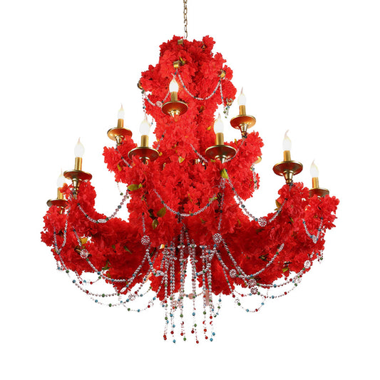 Metal Candle Pendant Chandelier Antique 12 Bulbs Restaurant LED Rose Ceiling Lamp in Red with Crystal Accent Clearhalo 'Cast Iron' 'Ceiling Lights' 'Chandeliers' 'Industrial Chandeliers' 'Industrial' 'Metal' 'Middle Century Chandeliers' 'Rustic Chandeliers' 'Tiffany' Lighting' 367754