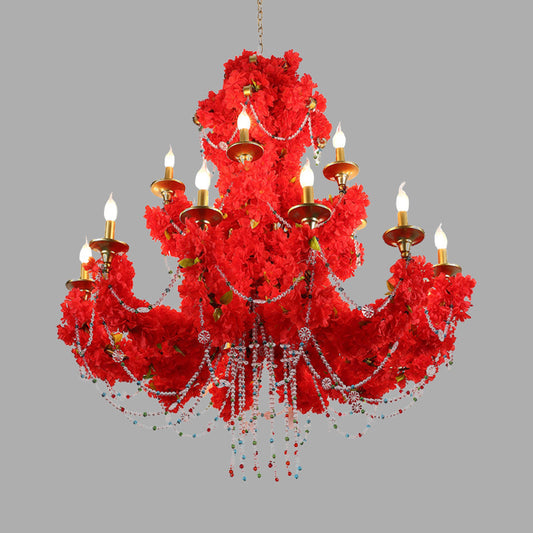 Metal Candle Pendant Chandelier Antique 12 Bulbs Restaurant LED Rose Ceiling Lamp in Red with Crystal Accent Clearhalo 'Cast Iron' 'Ceiling Lights' 'Chandeliers' 'Industrial Chandeliers' 'Industrial' 'Metal' 'Middle Century Chandeliers' 'Rustic Chandeliers' 'Tiffany' Lighting' 367755