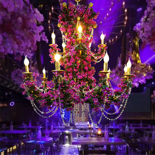 15 Lights Metal Ceiling Chandelier Retro Purple Candle Restaurant LED Lily Down Lighting with Crystal Draping Clearhalo 'Cast Iron' 'Ceiling Lights' 'Chandeliers' 'Industrial Chandeliers' 'Industrial' 'Metal' 'Middle Century Chandeliers' 'Rustic Chandeliers' 'Tiffany' Lighting' 367763