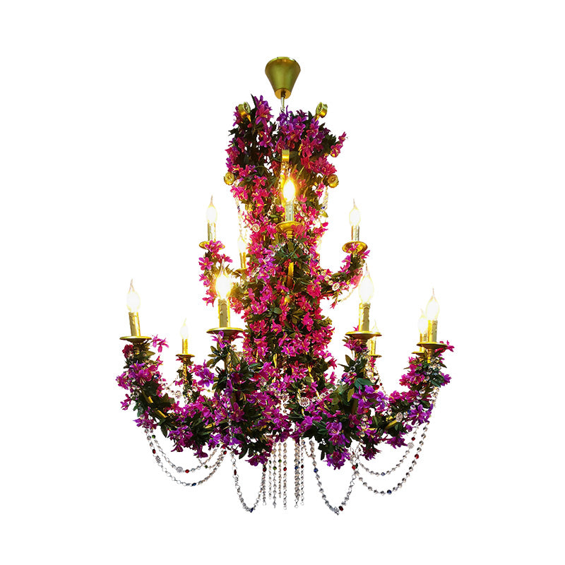 15 Lights Metal Ceiling Chandelier Retro Purple Candle Restaurant LED Lily Down Lighting with Crystal Draping Clearhalo 'Cast Iron' 'Ceiling Lights' 'Chandeliers' 'Industrial Chandeliers' 'Industrial' 'Metal' 'Middle Century Chandeliers' 'Rustic Chandeliers' 'Tiffany' Lighting' 367764