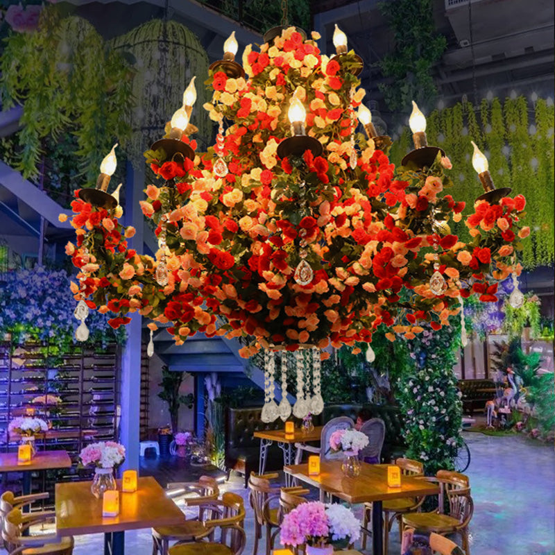 Candle Restaurant Flower Chandelier Light Industrial Metal 15 Bulbs Red LED Pendant Lighting with Crystal Accent Clearhalo 'Cast Iron' 'Ceiling Lights' 'Chandeliers' 'Industrial Chandeliers' 'Industrial' 'Metal' 'Middle Century Chandeliers' 'Rustic Chandeliers' 'Tiffany' Lighting' 367769