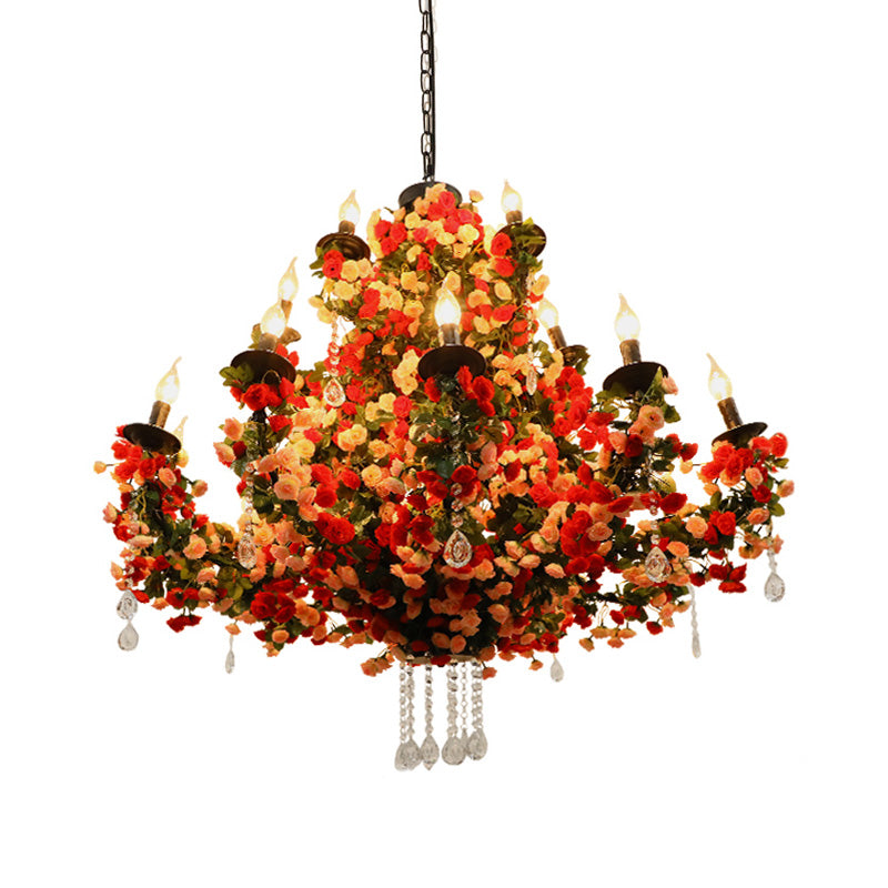 Candle Restaurant Flower Chandelier Light Industrial Metal 15 Bulbs Red LED Pendant Lighting with Crystal Accent Clearhalo 'Cast Iron' 'Ceiling Lights' 'Chandeliers' 'Industrial Chandeliers' 'Industrial' 'Metal' 'Middle Century Chandeliers' 'Rustic Chandeliers' 'Tiffany' Lighting' 367770