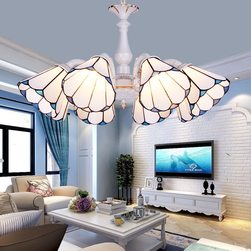 White Cone Pendant Lighting with Adjustable Chain Tiffany 3/5/6/8 Lights Chandelier Lamp for Living Room 8 White Clearhalo 'Ceiling Lights' 'Chandeliers' 'Close To Ceiling Lights' 'Industrial' 'Middle Century Chandeliers' 'Tiffany Chandeliers' 'Tiffany close to ceiling' 'Tiffany' Lighting' 36779