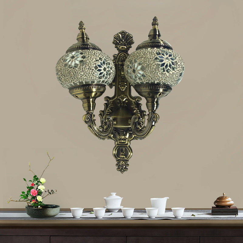 Traditional Ball Wall Mount Light 2 Heads Stained Glass Wall Sconce Lighting in White/Yellow/Sky Blue Clearhalo 'Wall Lamps & Sconces' 'Wall Lights' Lighting' 367866