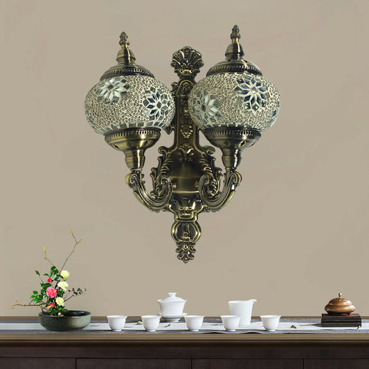 Traditional Ball Wall Mount Light 2 Heads Stained Glass Wall Sconce Lighting in White/Yellow/Sky Blue Clearhalo 'Wall Lamps & Sconces' 'Wall Lights' Lighting' 367866