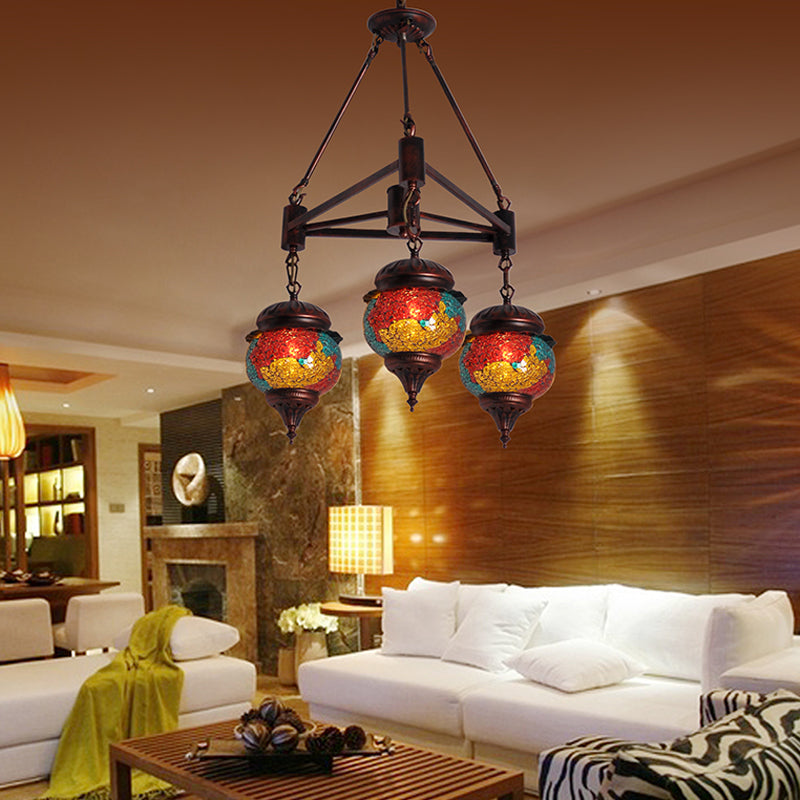 3 Bulbs Ball Chandelier Pendant Lighting Traditional Red-Yellow-Blue Glass Hanging Lamp Kit for Living Room Clearhalo 'Ceiling Lights' 'Chandeliers' Lighting' options 367903