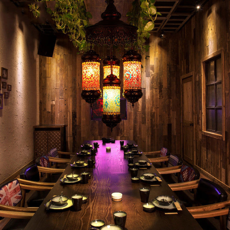 Copper Cylinder Chandelier Lighting Art Deco Stained Glass 4 Lights Bar Hanging Pendant Lamp Copper Clearhalo 'Ceiling Lights' 'Chandeliers' Lighting' options 367911_cab61450-7885-4afc-b4ed-59da5c347058