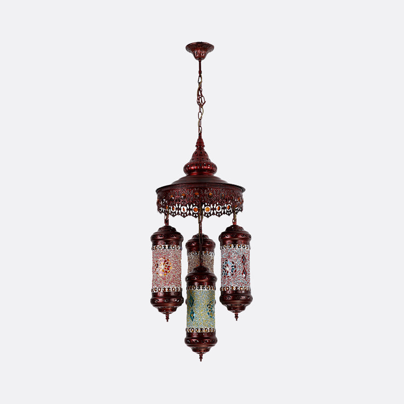 Copper Cylinder Chandelier Lighting Art Deco Stained Glass 4 Lights Bar Hanging Pendant Lamp Clearhalo 'Ceiling Lights' 'Chandeliers' Lighting' options 367914