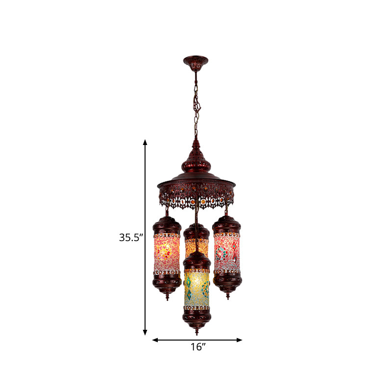 Copper Cylinder Chandelier Lighting Art Deco Stained Glass 4 Lights Bar Hanging Pendant Lamp Clearhalo 'Ceiling Lights' 'Chandeliers' Lighting' options 367915