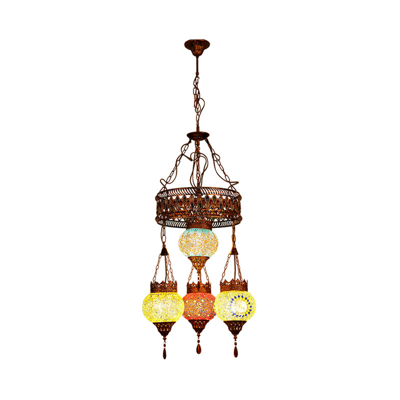 4 Heads Ceiling Chandelier Traditional Lantern Stained Glass Suspension Lighting Fixture in Copper for Restaurant Clearhalo 'Ceiling Lights' 'Chandeliers' Lighting' options 367919