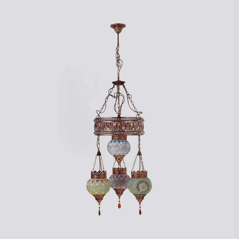 4 Heads Ceiling Chandelier Traditional Lantern Stained Glass Suspension Lighting Fixture in Copper for Restaurant Clearhalo 'Ceiling Lights' 'Chandeliers' Lighting' options 367920