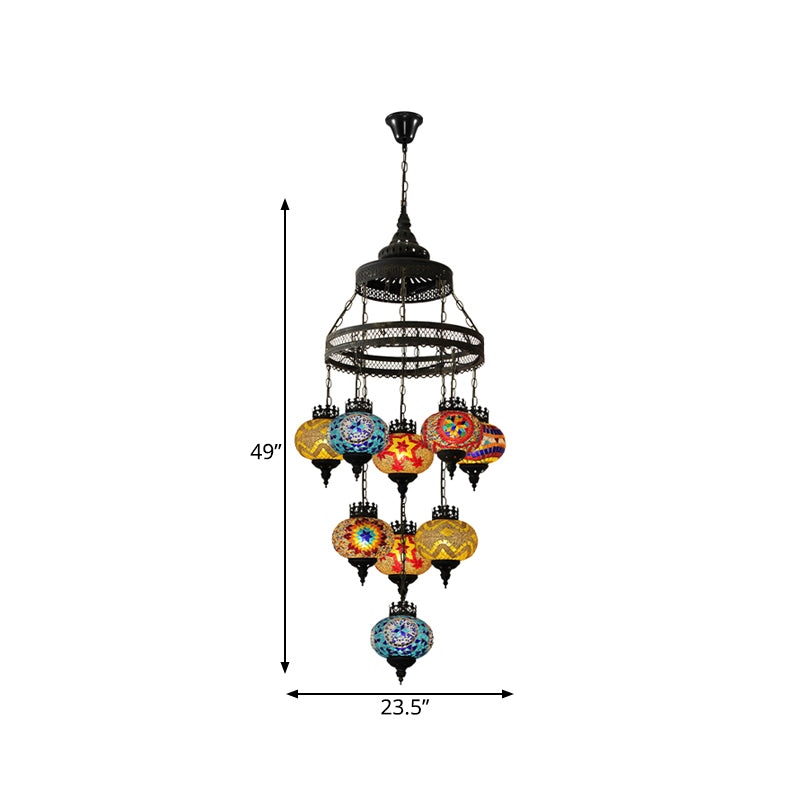 Stained Glass Lantern Pendant Lighting Bohemia Style 9 Bulbs Coffee House Ceiling Chandelier in Black Clearhalo 'Ceiling Lights' 'Chandeliers' Lighting' options 367931