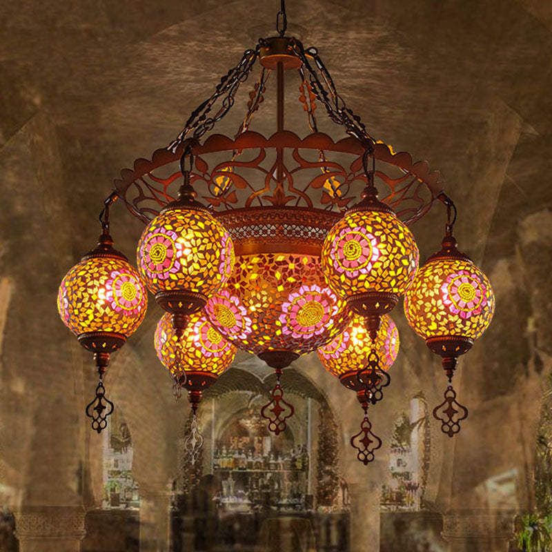 Brass Lantern Chandelier Lamp Traditional Stained Glass 9 Heads Restaurant Suspension Pendant Light Clearhalo 'Ceiling Lights' 'Chandeliers' Lighting' options 367933