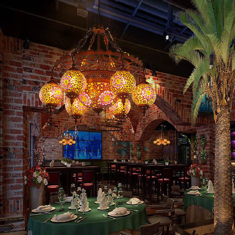 Brass Lantern Chandelier Lamp Traditional Stained Glass 9 Heads Restaurant Suspension Pendant Light Clearhalo 'Ceiling Lights' 'Chandeliers' Lighting' options 367934