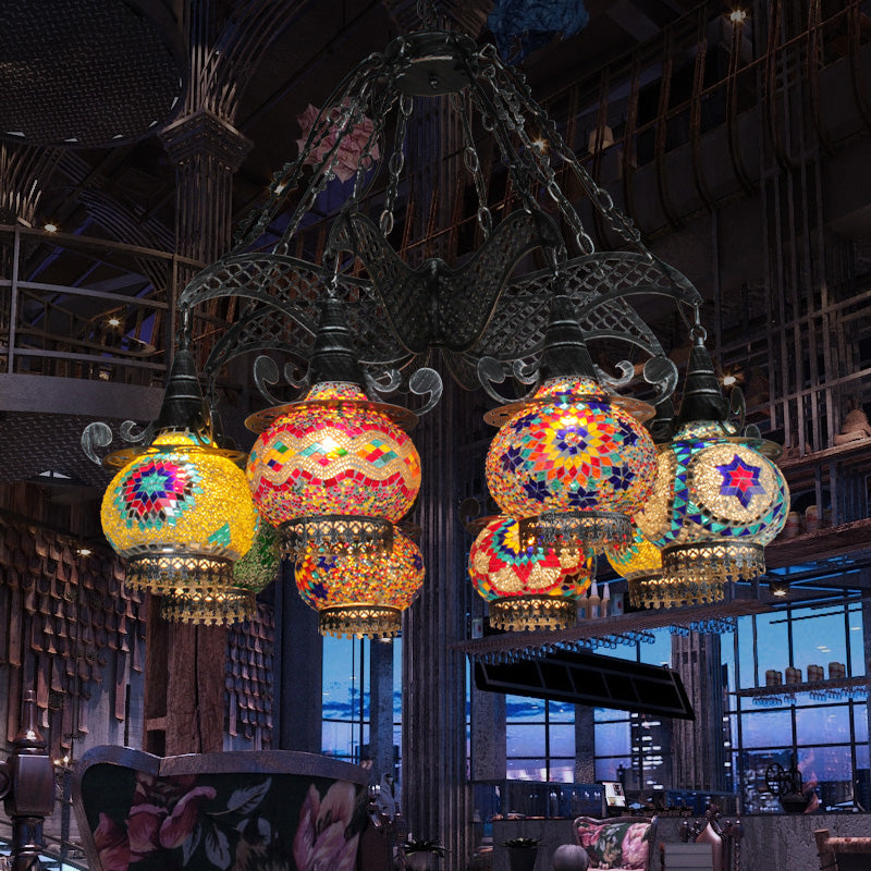 Stained Glass Black Hanging Chandelier Lantern 26"/33.5" Wide 8 Bulbs Art Deco Down Lighting Pendant Clearhalo 'Ceiling Lights' 'Chandeliers' Lighting' options 367937