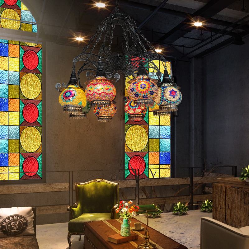 Stained Glass Black Hanging Chandelier Lantern 26"/33.5" Wide 8 Bulbs Art Deco Down Lighting Pendant Clearhalo 'Ceiling Lights' 'Chandeliers' Lighting' options 367939