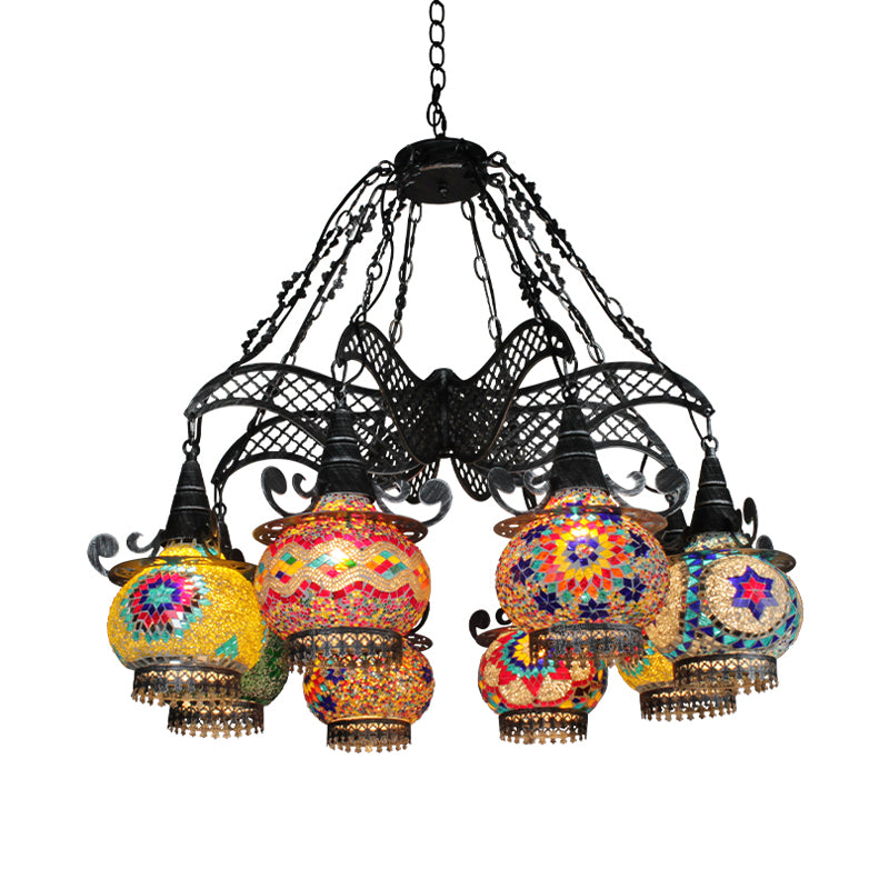 Stained Glass Black Hanging Chandelier Lantern 26"/33.5" Wide 8 Bulbs Art Deco Down Lighting Pendant Clearhalo 'Ceiling Lights' 'Chandeliers' Lighting' options 367940
