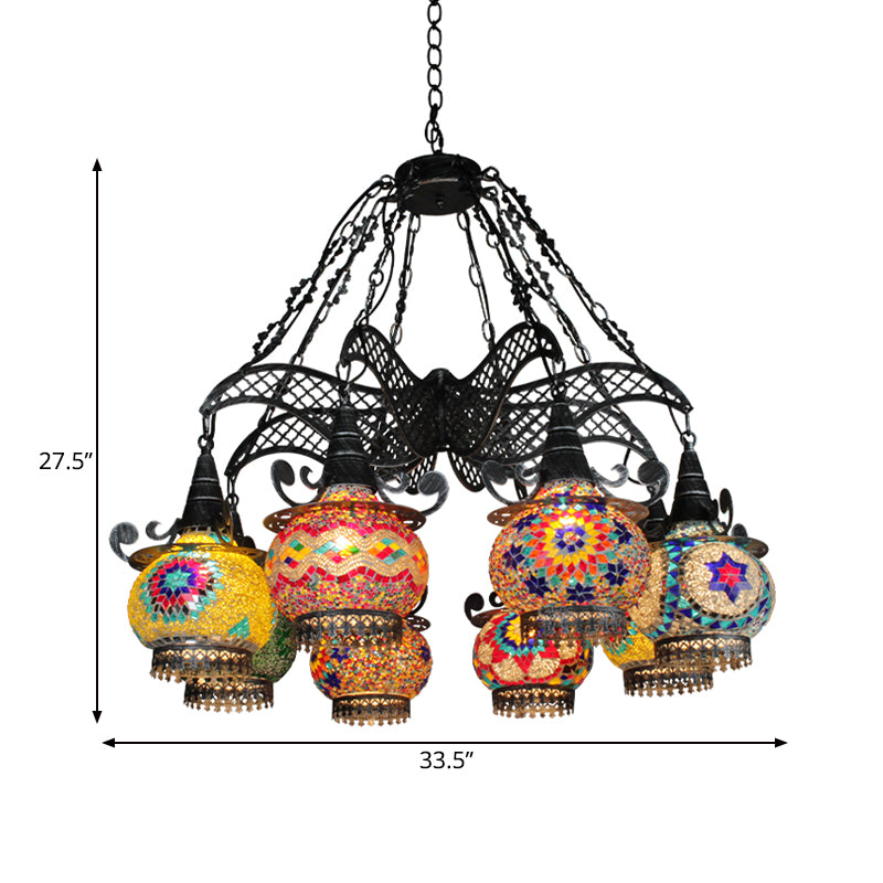 Stained Glass Black Hanging Chandelier Lantern 26"/33.5" Wide 8 Bulbs Art Deco Down Lighting Pendant Clearhalo 'Ceiling Lights' 'Chandeliers' Lighting' options 367941