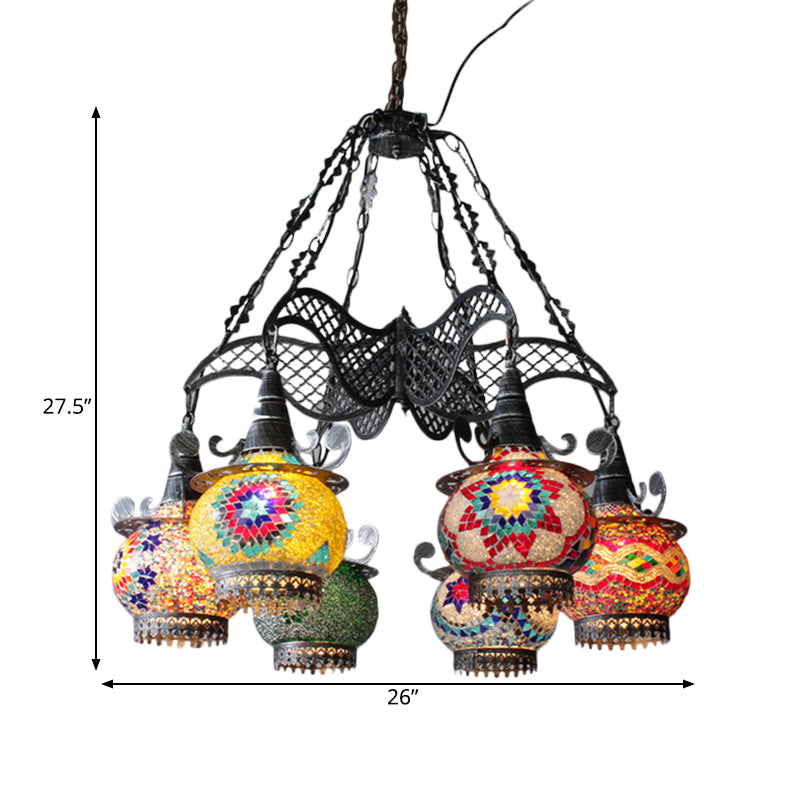 Stained Glass Black Hanging Chandelier Lantern 26"/33.5" Wide 8 Bulbs Art Deco Down Lighting Pendant Clearhalo 'Ceiling Lights' 'Chandeliers' Lighting' options 367944