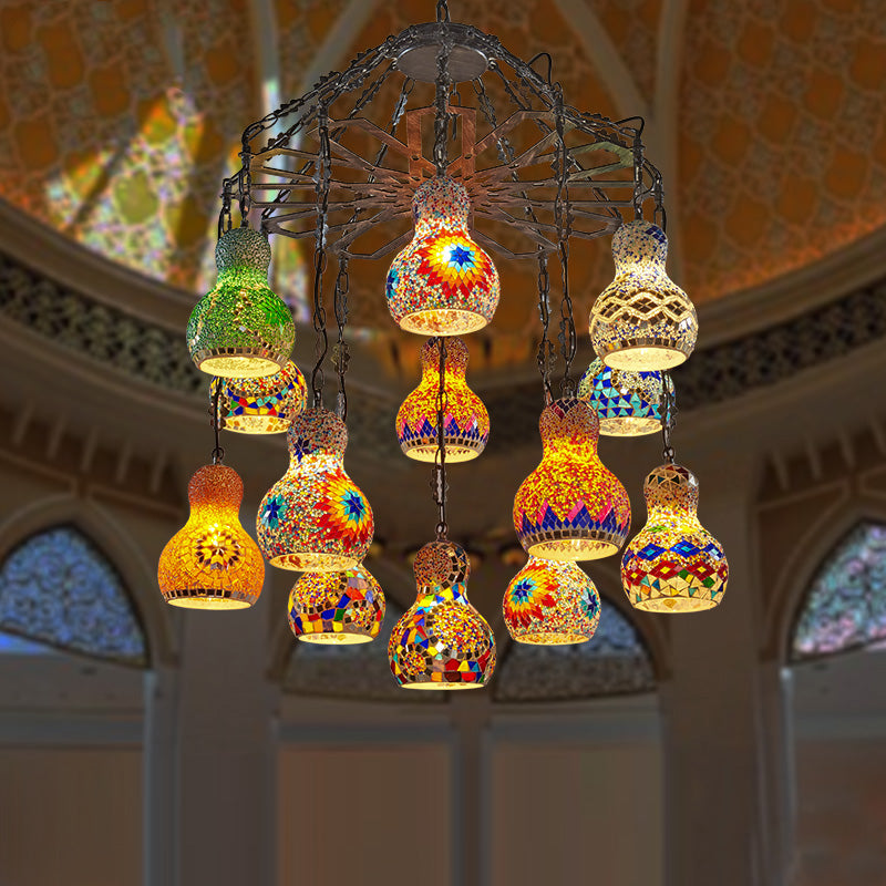 13 Lights Gourd Pendant Chandelier Bohemia Antique Black Stained Glass Hanging Light Kit Clearhalo 'Ceiling Lights' 'Chandeliers' Lighting' options 367948