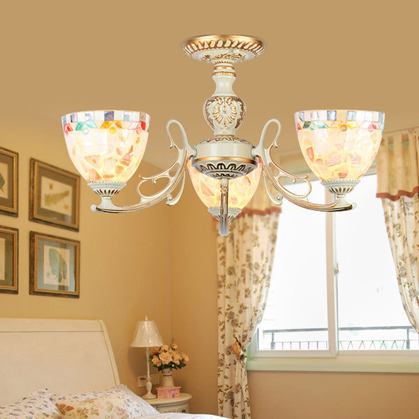 3/5/6 Lights Bowl Ceiling Light Fixture Traditional Shell Chandelier Lighting in Beige for Dining Room 3 Beige Clearhalo 'Ceiling Lights' 'Chandeliers' 'Close To Ceiling Lights' 'Close to ceiling' 'Glass shade' 'Glass' 'Semi-flushmount' 'Tiffany close to ceiling' 'Tiffany' Lighting' 36795