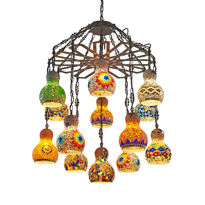 13 Lights Gourd Pendant Chandelier Bohemia Antique Black Stained Glass Hanging Light Kit Clearhalo 'Ceiling Lights' 'Chandeliers' Lighting' options 367950