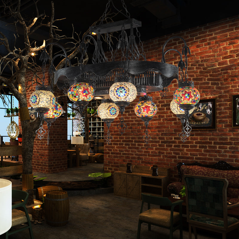 8 Heads Globe Hanging Lighting Bohemia Iron Stained Glass Chandelier Pendant Lamp for Restaurant Clearhalo 'Ceiling Lights' 'Chandeliers' Lighting' options 367953